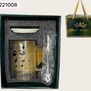 Taza de Cristal "Super Panda" con Tapa y Cuchara 460ML