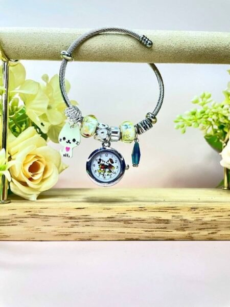 Pulsera Plateada Estilo Pandora reloj y gatito